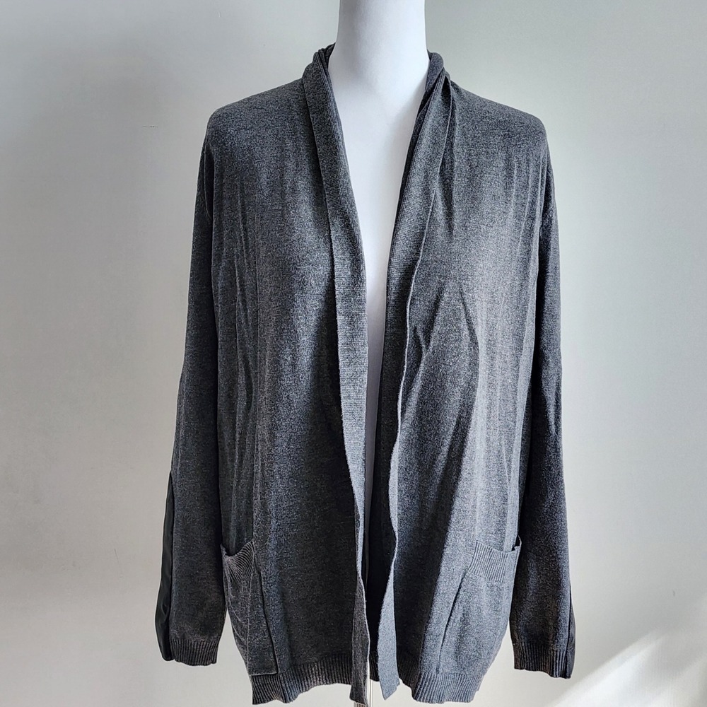 Alfred Sung Cardigan Sweater Womens Small Gray Faux Leather Elbow Patch Knit